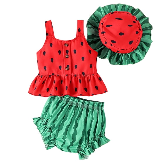 Lullu Newborn Girls Summer Outfits Cute Watermelon Ruffle Tank Top Shorts Hat 3Pcs Set