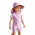 thumbnail image 1 of Lullu Newborn Girls UPF 50+ Half Zip Short Sleeve Rash Guard One Piece Swimsuit with Hat, 1 of 3