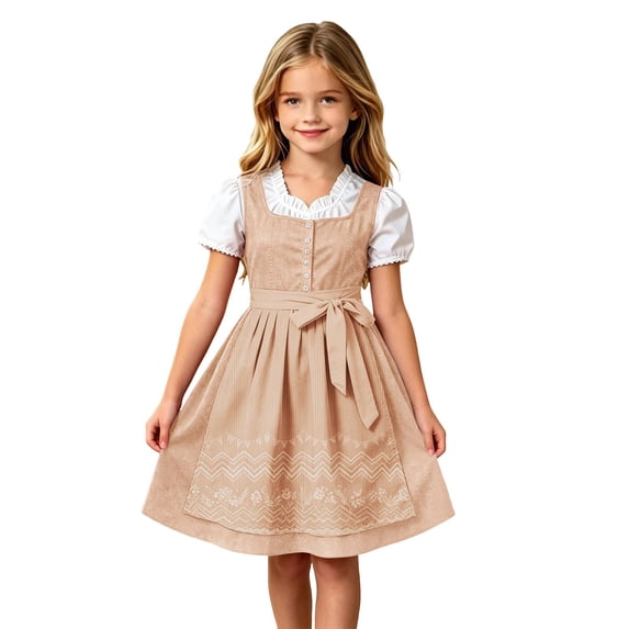 Lullu Oktoberfest Girls Traditional Bavarian Dirndl Dress with Apron, Orange, Sizes 3-12