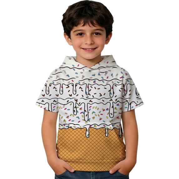 Lullu Short Sleeve Hoodie for Boys Cute Ice-Cream Print Sweatshirt Active T-Shirt, White