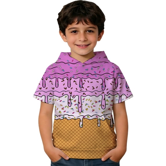 Lullu Short Sleeve Hoodie for Boys Cute Ice-Cream Print Sweatshirt Casual T-Shirt, Purple