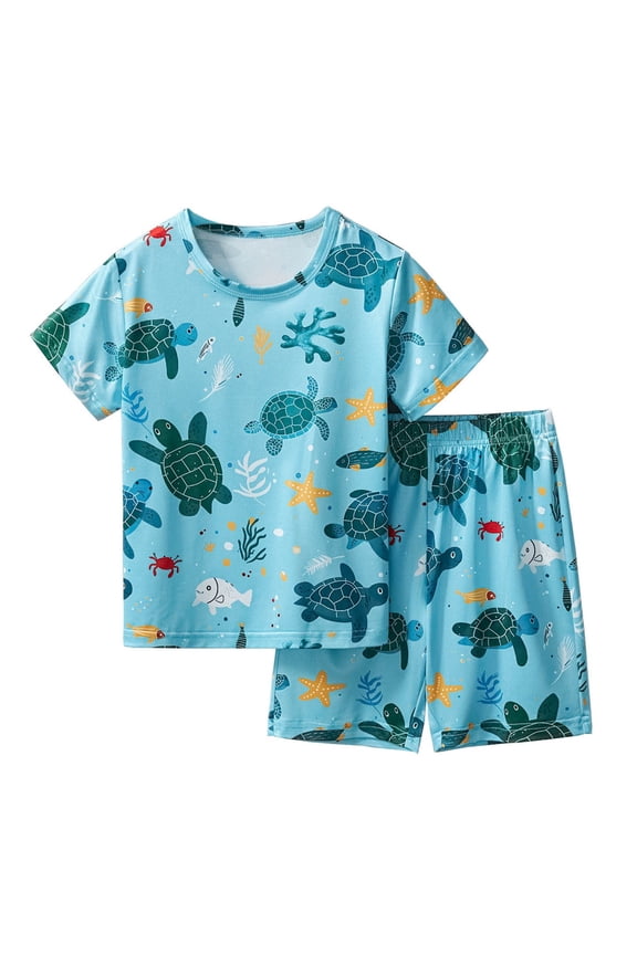 Summer Boys Beach Outfits Sea Turtle Print Short Sleeve T-Shirt Shorts Set, 2 Piece