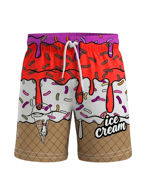 Summer Boys Casual Shorts Kids Elastic Waist Shorts with Ice-Cream Print, Sizes 2-14