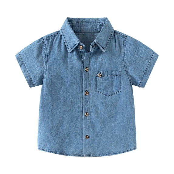 Lullu Summer Boys Denim Short Sleeve Shirt Casual Solid Button Down Shirt, Sizes 12M-5T