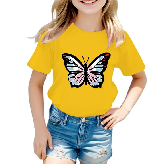 Lullu Summer Girls Butterfly Graphic Tee Casual Short Sleeve Crew Neck T-Shirt, Sizes 3-12