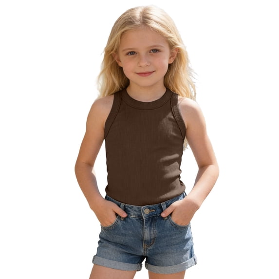 Lullu Summer Girls Ribbed Tank Top Casual Solid Basic Crewneck Sleeveless Top, Sizes 2-12