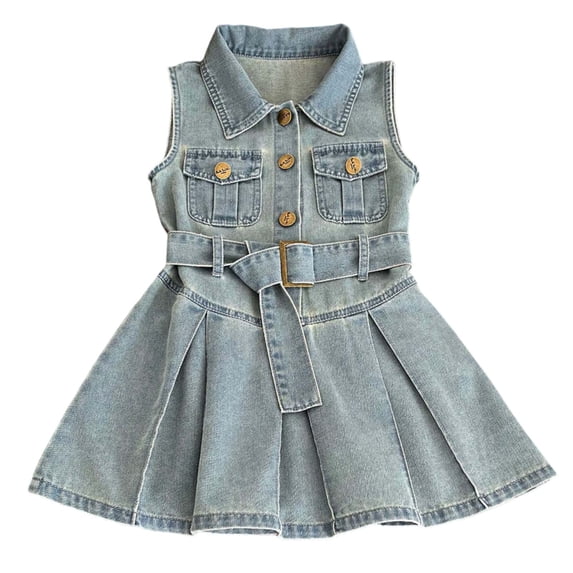 Lullu Summer Girls Sleeveless Denim Dress Trendy Belted Pleated Tank Dress, Sizes 12M-7Y