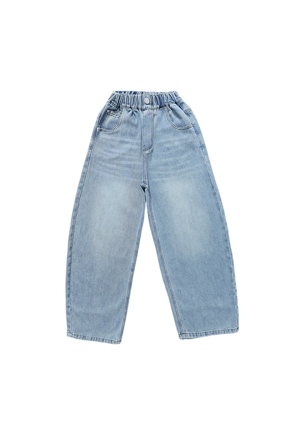 Girls Elastic Waist Wide Leg Jeans High Waisted Straight Denim Pants, Sizes 4-15