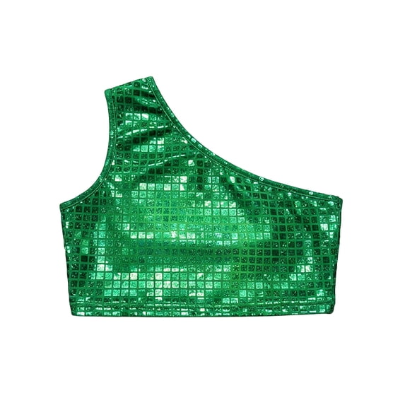 Lullu Teen Girls Sequin Checkered One Shoulder Crop Top Dance Stage Performance Sleeveless Tops, Green