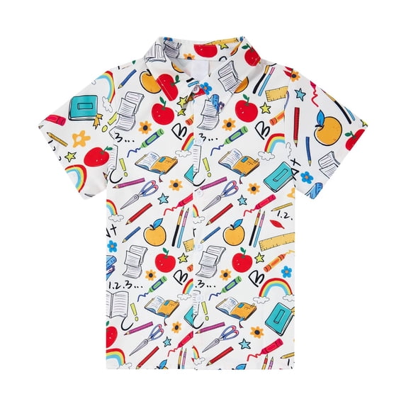 Lullu Toddler Boys Back-to-School Shirt Cute Graphic Short Sleeve Button Down Shirt, White