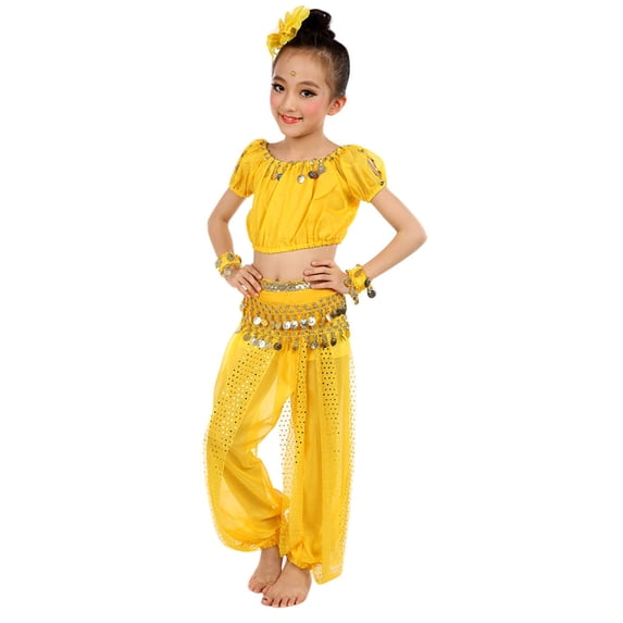 Lullu Toddler Girl's Belly Dance Co_stumes Dance Short Sleeve Crop Top Mesh Pants Outfits