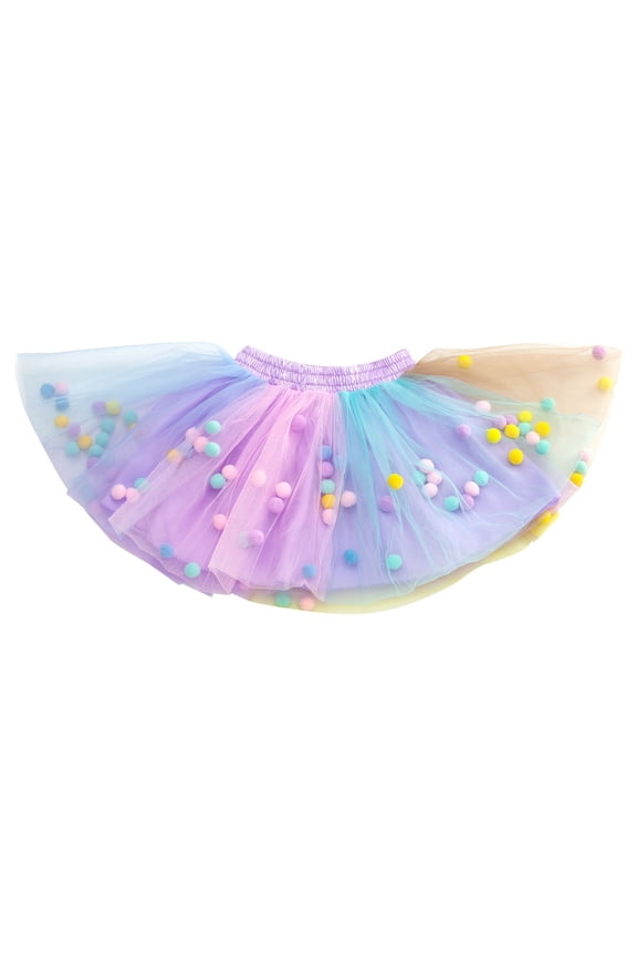 Toddler Girl's Pompoms Rainbow Tutu Skirt Puffy Mesh Layered Ballet Tulle Skirt