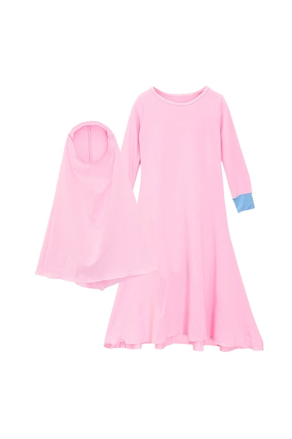 Toddler Girls Abaya with Hijab Solid Color Full Length Robe Burka Maxi Dress Set