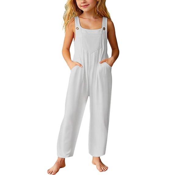 Lullu Toddler Girls Casual Loose Fit Overalls Sleeveless Romper with Pockets, Sizes 5-14