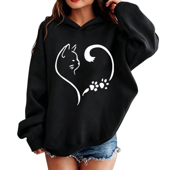 Lullu Toddler Girls Graphic Hoodie Cute Cat Print Lightweight Pullover Hooded Sweatshirt, Black