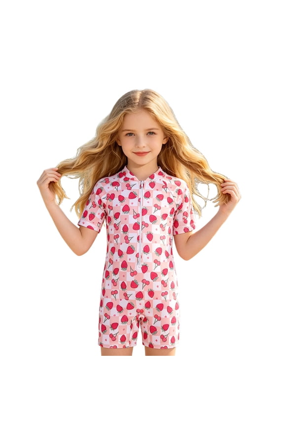 Toddler Girls Half Zip Short Sleeve Rash Guard Swimsuit Boyleg One-Piece Bathing Suit