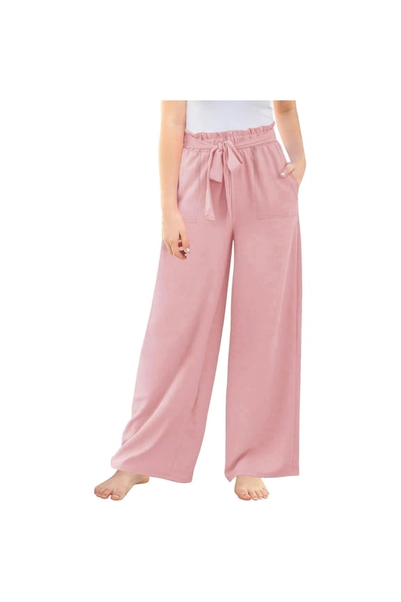 Toddler Girls High Rise Linen Pants Casual Solid Straight Wide-Leg Pants, Sizes 5-14