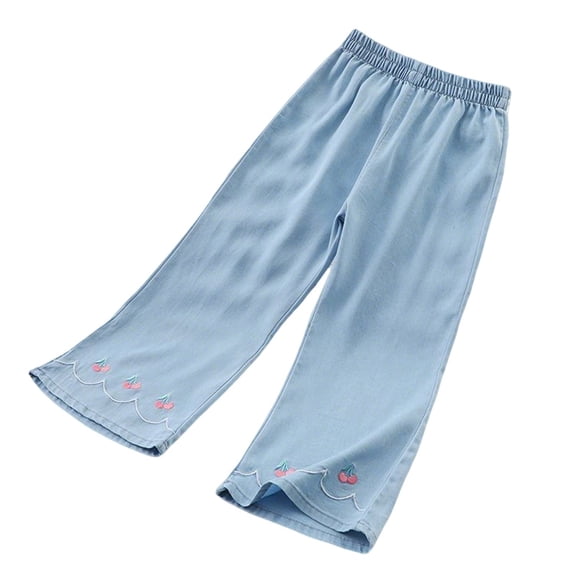 Lullu Toddler Girls Lightweight Denim Pants Casual Cherry Embroidery Soft Pull On Jeans