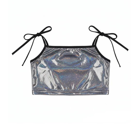Lullu Toddler Girls Metallic Shiny Camisole Party Tie-Shoulder Spaghetti Strap Crop Top