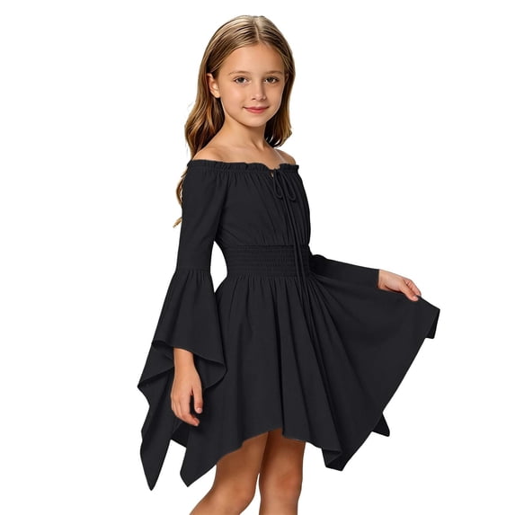 Lullu Toddler Girls Off-Shoulder Bell Sleeve Dress Vintage Asymmetrical Swing Dress, Black
