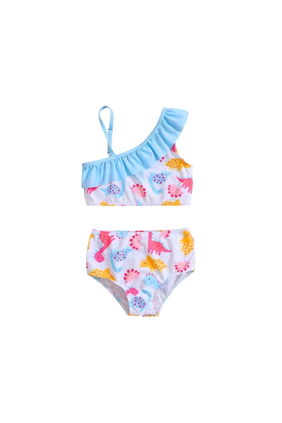 Toddler Girls Ruffle One Shoulder Bikini Swimsuit Cartoon Dinosaur Bathing Suit