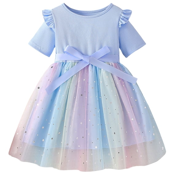 Lullu Toddler Girls Ruffle Short Sleeve Tutu Dress Shiny Rainbow Mesh Tulle A Line Dress