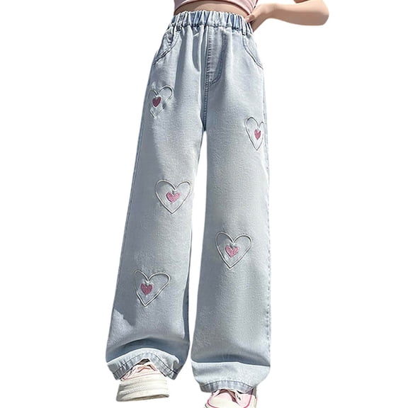 Lullu Toddler Girls Wide Leg Jeans Hearts Embroidery Elastic Waist Denim Pants, Sizes 10-11