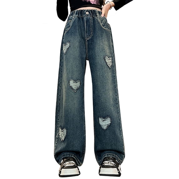 Lullu Toddler Girls Wide Leg Ripped Jeans Elastic Waist Straight Denim Pants, Sizes 4-15