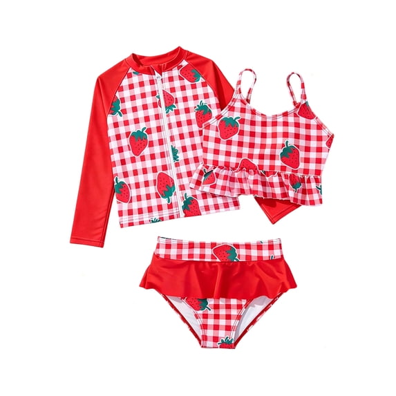Lullu Toddler Girls Zip up Long Sleeve Rash Guard One Piece Swimsuit Strawberry Ruffle Bathing Suit