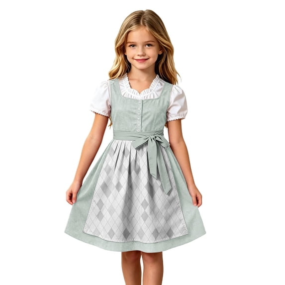 Lullu Traditional Oktoberfest Dress for Girls Bavarian Dirndl Party Dress Apron, Grey, Sizes 3-12