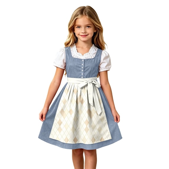 Lullu Traditional Oktoberfest Dress for Girls Bavarian Dirndl Party Dress Apron, Navy, Sizes 3-12
