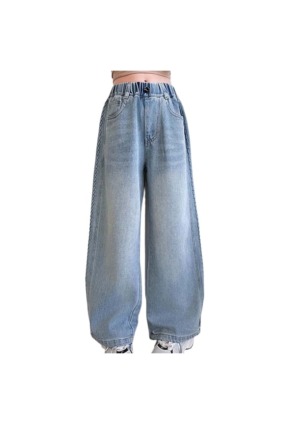 Wide Leg Jeans for Girls Casual Elastic Waist Loose Straight Denim Pants, Sizes 5-6