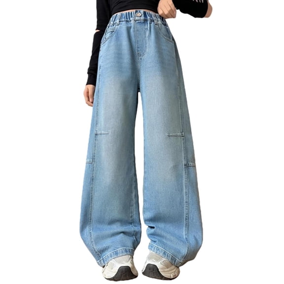 Lullu Wide Leg Jeans for Girls High Rise Straight Denim Pants Pull On Jeans, Sizes 4-12