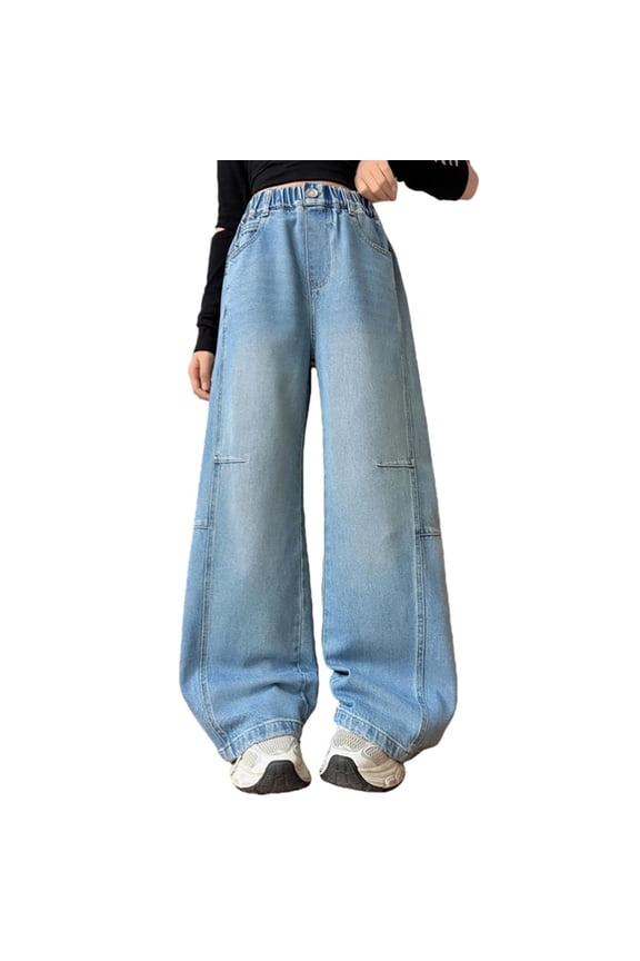 Wide Leg Jeans for Girls High Rise Straight Denim Pants Pull On Jeans, Sizes 4-12