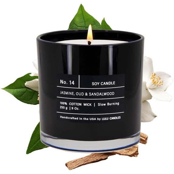 Lulu Candles | Jasmine, Oud & Sandalwood | Luxury Scented Soy Wax Blend | Hand Poured in the USA | Highly Scented Candles for Home Fragrance & Decor (9 oz.)