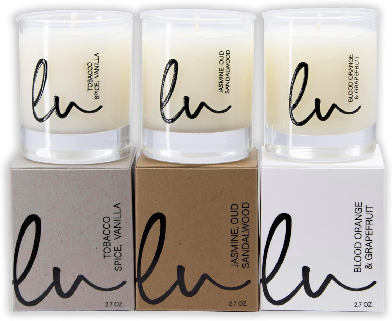 Lulu Candles | Jasmine, Oud & Sandalwood, Tobacco Spice & Vanilla, Blood Orange & Grapefruit | Luxury Scented Soy Jar Candle | Hand Poured in The USA | Highly Scented (Gift Set 3 PC - 2.7 Oz Votives)