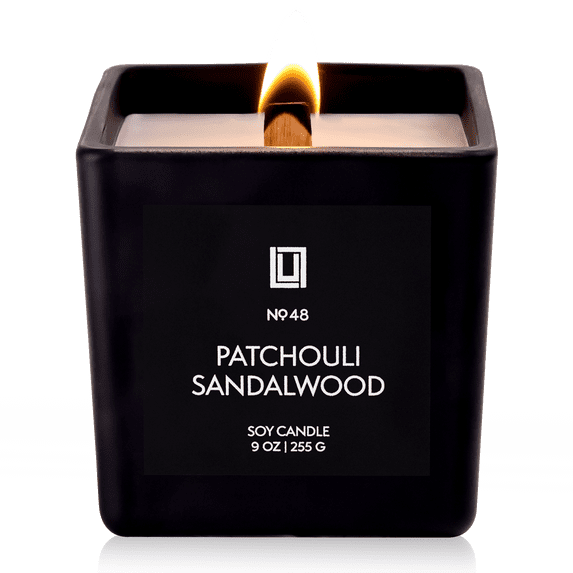 Lulu Candles | Patchouli Sandalwood | Luxury Wood Wick Candle in Matte Black Jar – Earthy, Highly Scented Soy Candle with Cedar, Musk & Earth Accord | Aromatherapy Candle, Gift for Men & Women