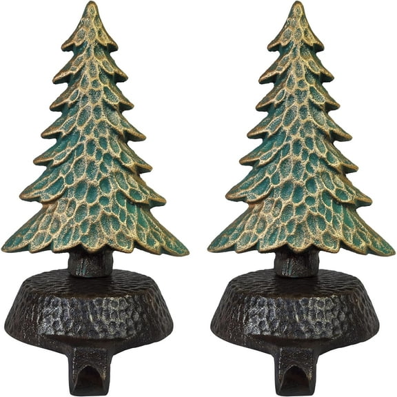 Lulu Decor Cast Iron Christmas Stocking Holders for Mantle, with a Hammered Finish, Green with Gold Touch, Weighted Sturdy Tree Hooks Hangers for Holiday Decoration (Set of 2)