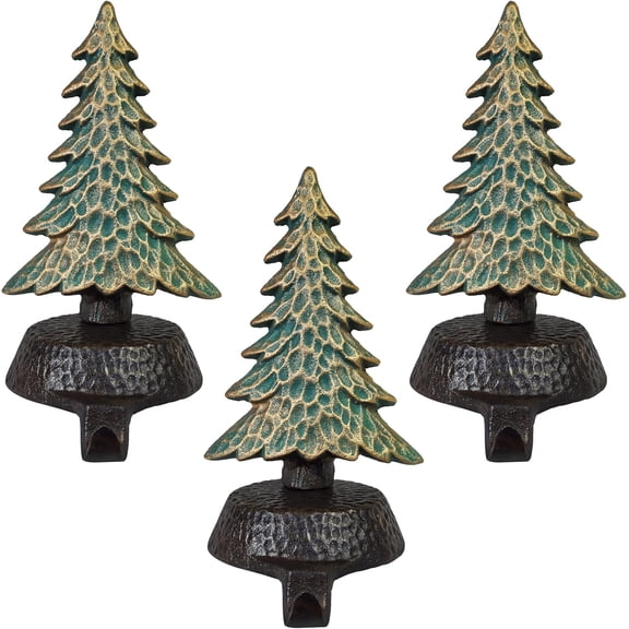 Lulu Decor Cast Iron Christmas Stocking Holders for Mantle, with a Hammered Finish, Green with Gold Touch, Weighted Sturdy Tree Hooks Hangers for Holiday Decoration (Set of 3)