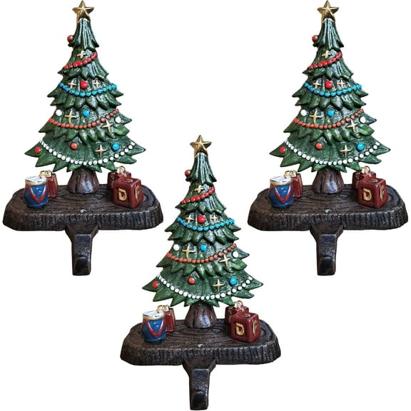 Lulu Decor, Cast Iron Christmas Tree with Gifts Decorative Stocking Holder for Mantel, Solid, Beautiful, Weighted Sturdy Tree Hooks, Perfect Stocking Hanger for Holiday Decoration (Set of 3)
