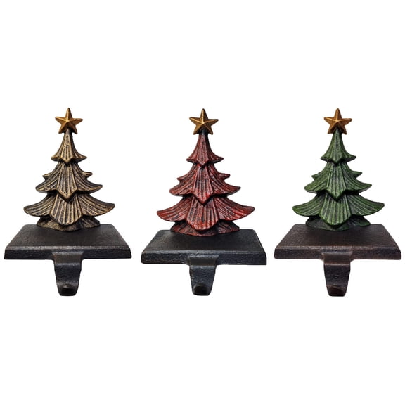 Lulu Decor, Cast Iron Christmas Tree Stocking Holders, Sold in Set of 3 Tree Hangers in Metallic Gold, Red and Green Finish, Sturdy Tree Stocking Hooks Hangers for Holiday Decoration