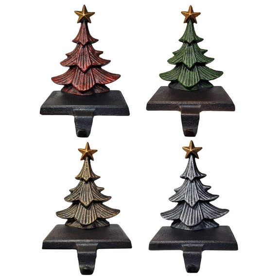 Lulu Decor, Cast Iron Christmas Tree Stocking Holders, Sold in Set of 4 Tree Hangerss in Metallic Green, Red, Gold and Silver Finish, Sturdy Stocking Hooks Hangers for Holiday Decoration