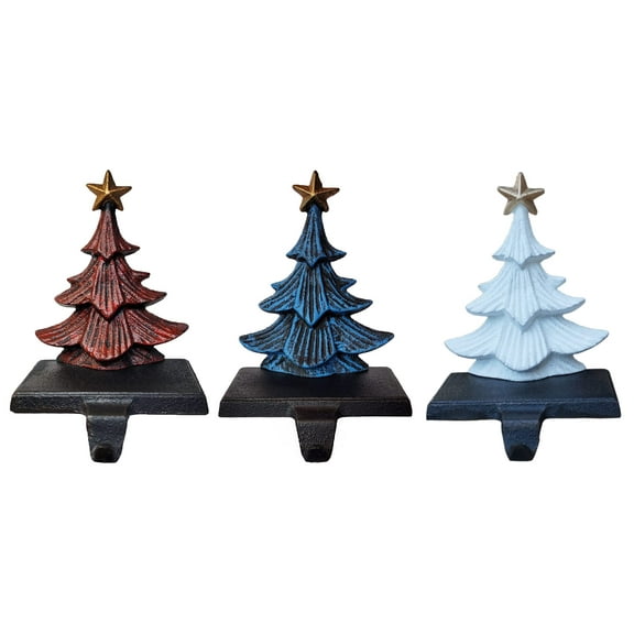 Lulu Decor, Cast Iron Christmas Trees in American Flag Colors Stocking Holder, Sold in Set of 3 Trees in Metallic Red, Blue & White Finish, Sturdy Stocking Hooks Hangers for Holiday Decoration