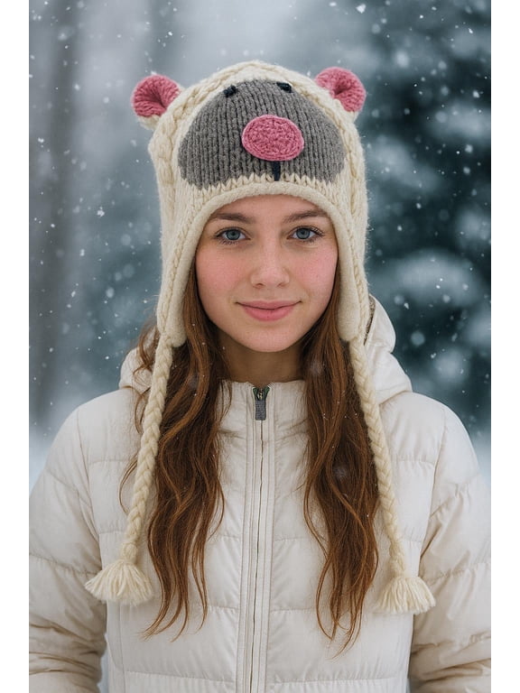 Lulu Lamb Woolen Animal Hat with Micro Fleece Lining for Children, Teen and Adult ,Handknitted by Professional Local Artisans
