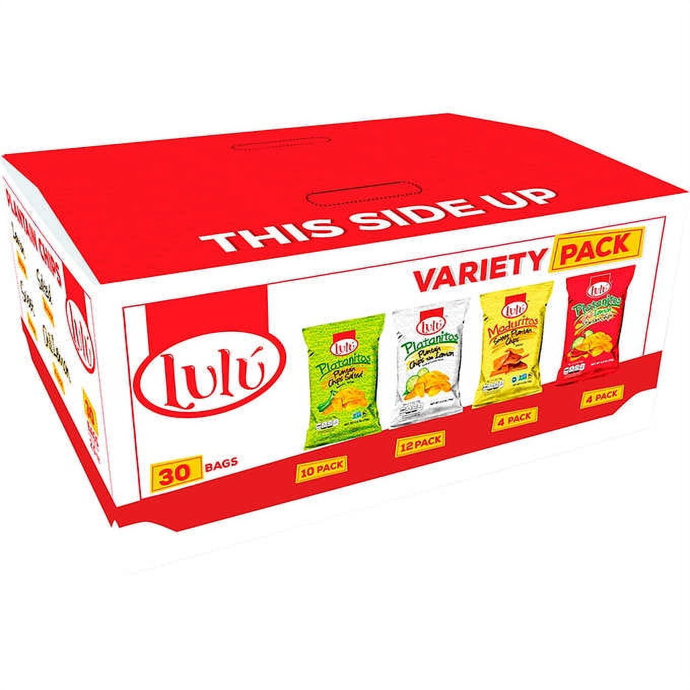 Lulu Plantain Chips Variety Box - 30 assorted bags - 12 Lemon, 10 salted, 4 chili, 4 sweet - VEGAN - 2.5 Ounce - Always Crunchy