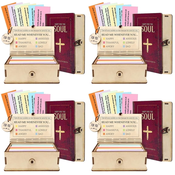 Luluganb 4Pcs Handmade Wooden Scripture Box with 150 Inspirational Verse Cards - Christian Gift for Women & Men, Daily Encouragement, Prayer Cards for Home, Church (Natural Wood)
