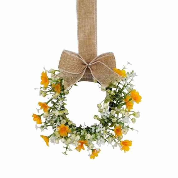 Luluganb Mini Wreaths for Cabinets,1Pcs Artificial Spring Summer Greenery Wreath for Front Door Farmhouse Kitchen Cabinet Wreaths with Ribbon for Porch Wall Window Decor Yellow