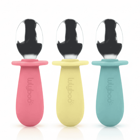 Lulyboo Stainless Steel & Silicone Toddler Spoon Set, Easy Grip Baby Feeding Spoons, 3 Pack