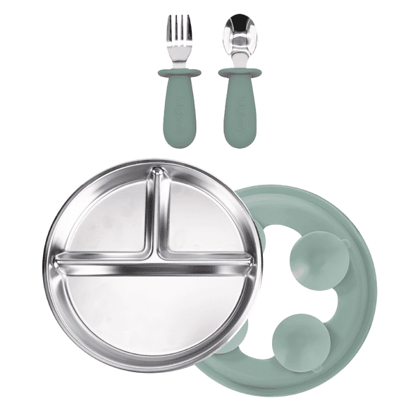 Lulyboo Toddler Feeding Set with Suction Plate, Silicone Spoon & Fork
