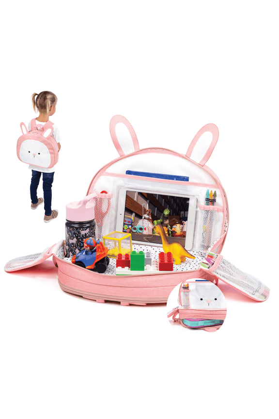 Toddler Travel Activity Tray and Backpack with Firm Writing Surface Built In Cup Holder 7 Storage Pockets Tablet Window - Bunny